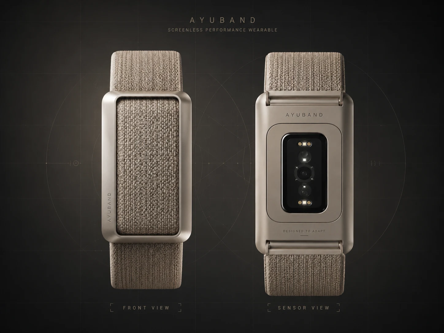 AyuBand screenless wearable product hero showing front and sensor design